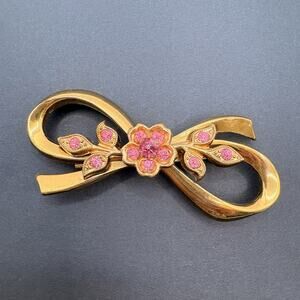 Vintage Coro Pegasus Bow Ribbon Gold Tone Floral Pink Crystals‎ Brooch 2.75"